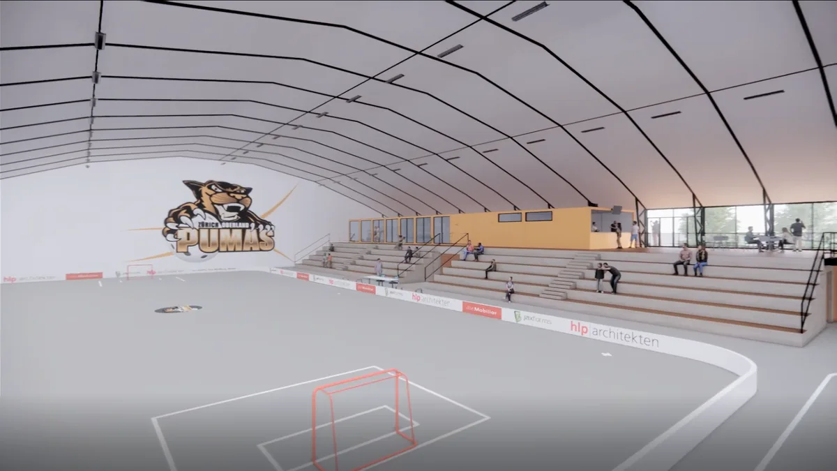 Visualisierung einer modernen Halle mit hellem Innenbereich.